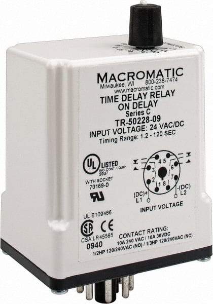 Macromatic - 8 Pin, Multiple Range DPDT Time Delay Relay - 10 Contact Amp, 24 VAC/VDC, Knob - Apex Tool & Supply