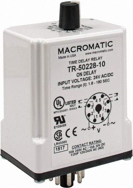Macromatic - 8 Pin, Multiple Range DPDT Time Delay Relay - 10 Contact Amp, 24 VAC/VDC, Knob - Apex Tool & Supply