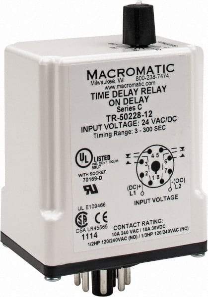 Macromatic - 8 Pin, Multiple Range DPDT Time Delay Relay - 10 Contact Amp, 24 VAC/VDC, Knob - Apex Tool & Supply