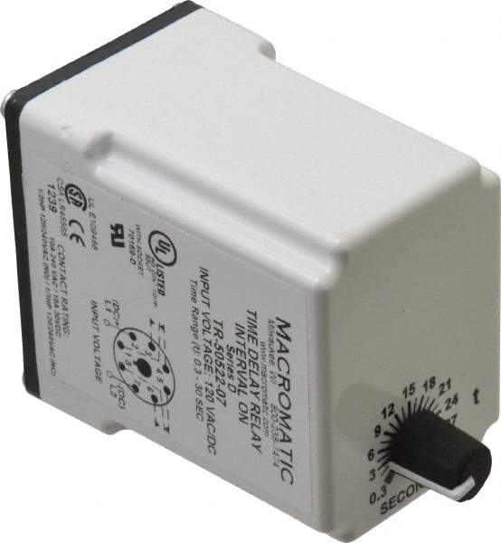Macromatic - 8 Pin, Multiple Range DPDT Time Delay Relay - 10 Contact Amp, 120 VAC/VDC, Knob - Apex Tool & Supply