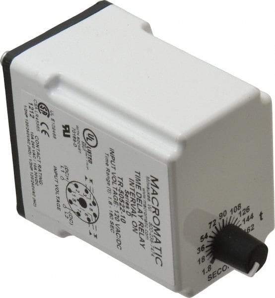 Macromatic - 8 Pin, Multiple Range DPDT Time Delay Relay - 10 Contact Amp, 120 VAC/VDC, Knob - Apex Tool & Supply