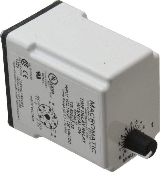 Macromatic - 8 Pin, 10 min Delay, Multiple Range DPDT Time Delay Relay - 10 Contact Amp, 120 VAC/VDC, Knob - Apex Tool & Supply