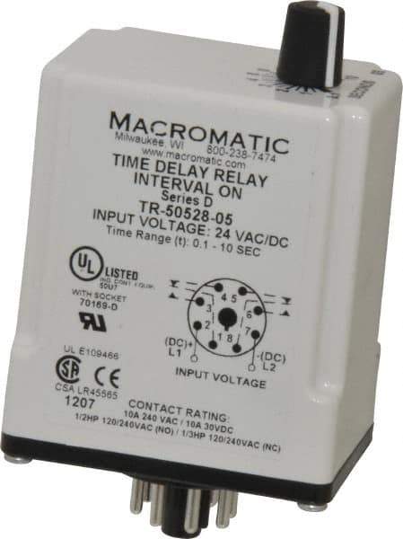 Macromatic - 8 Pin, Multiple Range DPDT Time Delay Relay - 10 Contact Amp, 24 VAC/VDC, Knob - Apex Tool & Supply