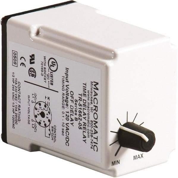 Macromatic - 11 Pin, Multiple Range DPDT Time Delay Relay - 10 Contact Amp, 24 VAC/VDC, Knob - Apex Tool & Supply