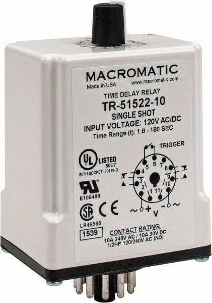 Macromatic - 11 Pin, Multiple Range DPDT Time Delay Relay - 10 Contact Amp, 120 VAC/VDC, Knob - Apex Tool & Supply