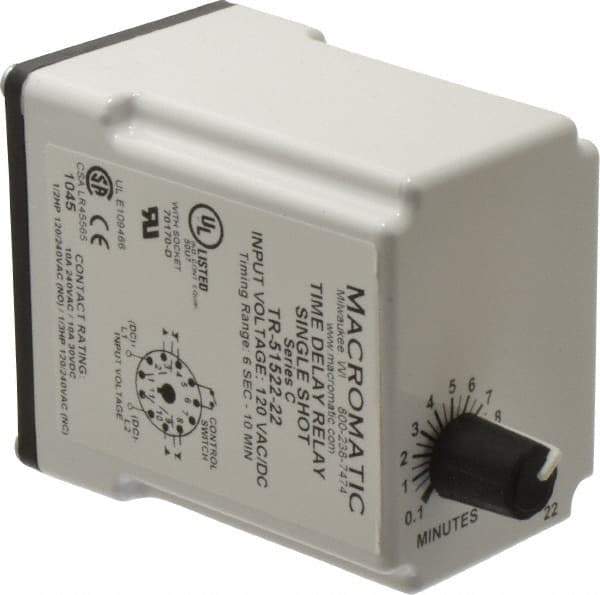 Macromatic - 11 Pin, 10 min Delay, Multiple Range DPDT Time Delay Relay - 10 Contact Amp, 120 VAC/VDC, Knob - Apex Tool & Supply