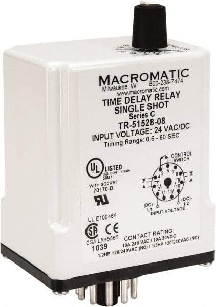 Macromatic - 11 Pin, Multiple Range DPDT Time Delay Relay - 10 Contact Amp, 24 VAC/VDC, Knob - Apex Tool & Supply