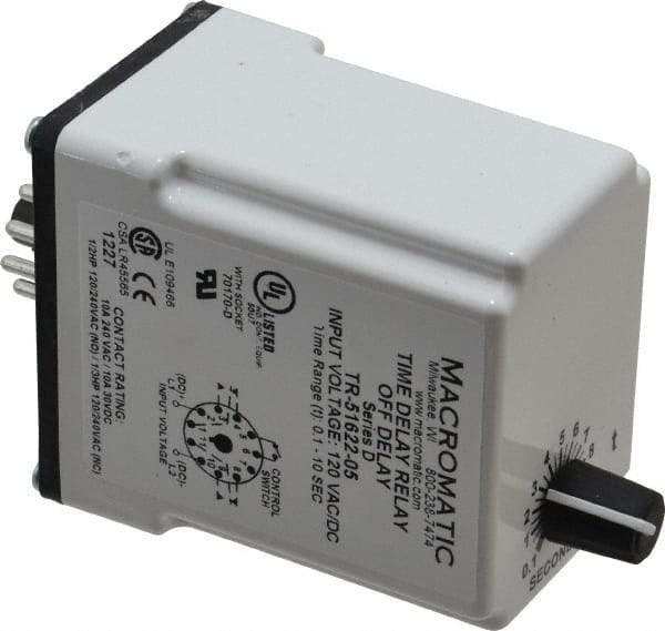 Macromatic - 11 Pin, Multiple Range DPDT Time Delay Relay - 10 Contact Amp, 120 VAC/VDC, Knob - Apex Tool & Supply