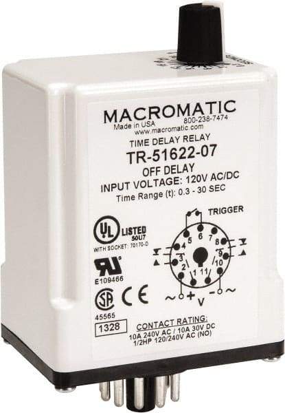 Macromatic - 11 Pin, Multiple Range DPDT Time Delay Relay - 10 Contact Amp, 120 VAC/VDC, Knob - Apex Tool & Supply