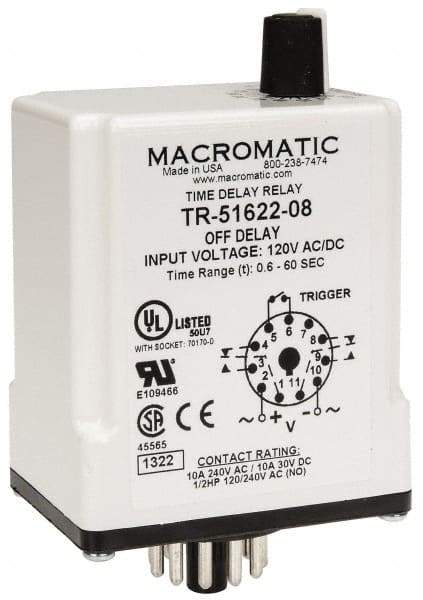 Macromatic - 11 Pin, Multiple Range DPDT Time Delay Relay - 10 Contact Amp, 120 VAC/VDC, Knob - Apex Tool & Supply