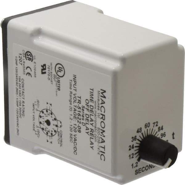 Macromatic - 11 Pin, Multiple Range DPDT Time Delay Relay - 10 Contact Amp, 120 VAC/VDC, Knob - Apex Tool & Supply