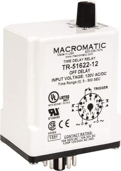 Macromatic - 11 Pin, Multiple Range DPDT Time Delay Relay - 10 Contact Amp, 120 VAC/VDC, Knob - Apex Tool & Supply