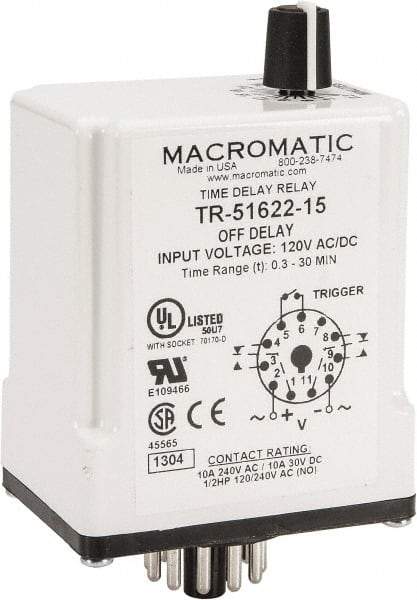 Macromatic - 11 Pin, 0.3 to 30 min Delay, Multiple Range DPDT Time Delay Relay - 10 Contact Amp, 120 VAC/VDC, Knob - Apex Tool & Supply