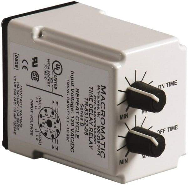 Macromatic - 8 Pin, 10 min Delay, Multiple Range DPDT Time Delay Relay - 10 Contact Amp, 120 VAC/VDC, Knob - Apex Tool & Supply