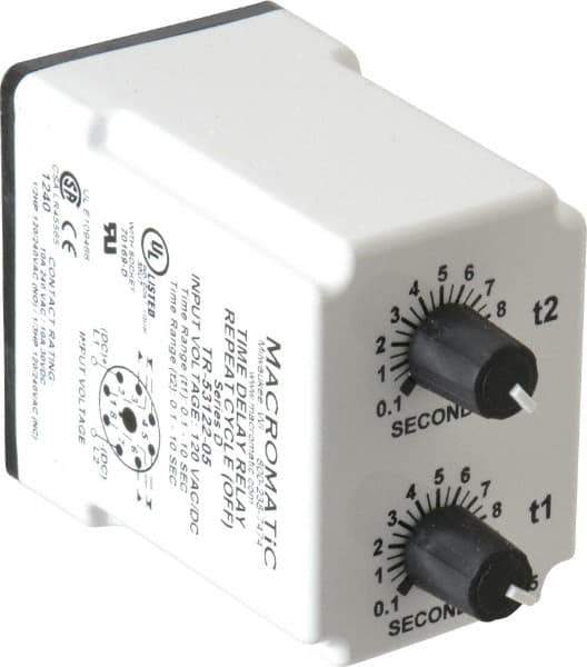 Macromatic - 8 Pin, Multiple Range DPDT Time Delay Relay - 10 Contact Amp, 120 VAC/VDC, Knob - Apex Tool & Supply