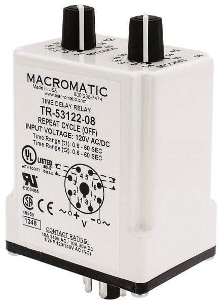 Macromatic - 8 Pin, Multiple Range DPDT Time Delay Relay - 10 Contact Amp, 120 VAC/VDC, Knob - Apex Tool & Supply