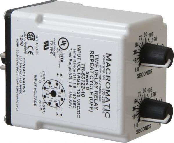 Macromatic - 8 Pin, Multiple Range DPDT Time Delay Relay - 10 Contact Amp, 120 VAC/VDC, Knob - Apex Tool & Supply