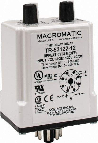 Macromatic - 8 Pin, Multiple Range DPDT Time Delay Relay - 10 Contact Amp, 120 VAC/VDC, Knob - Apex Tool & Supply