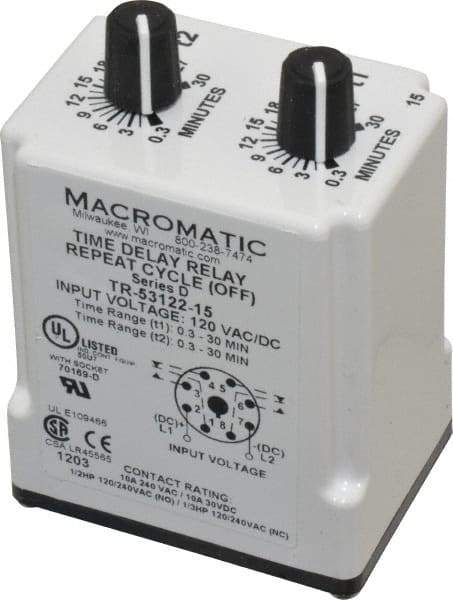 Macromatic - 8 Pin, 30 min Delay, Multiple Range DPDT Time Delay Relay - 10 Contact Amp, 120 VAC/VDC, Knob - Apex Tool & Supply