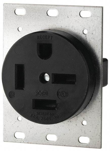 Cooper Wiring Devices - 250 VAC, 60 Amp, 15-60R NEMA Configuration, Black, Industrial Grade, Self Grounding Single Receptacle - 1 Phase, 3 Poles, 4 Wire, Flush Mount - Apex Tool & Supply
