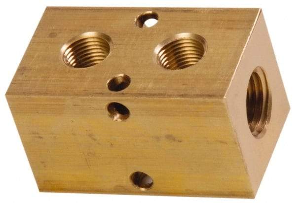 Made in USA - 1/2" Inlet, 3/8" Outlet Manifold - 2-3/4" Long x 1-1/2" Wide x 1-1/2" High, 0.2" Mount Hole, 2 Inlet Ports, 2 Outlet Ports - Apex Tool & Supply
