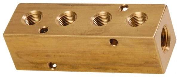 Made in USA - 1/2" Inlet, 3/8" Outlet Manifold - 4-3/4" Long x 1-1/2" Wide x 1-1/2" High, 0.2" Mount Hole, 2 Inlet Ports, 4 Outlet Ports - Apex Tool & Supply