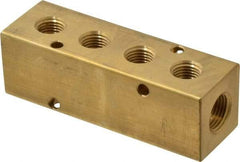 Made in USA - 3/8" Inlet, 1/4" Outlet Manifold - 3.88" Long x 1-1/4" Wide x 1-1/4" High, 0.2" Mount Hole, 2 Inlet Ports, 4 Outlet Ports - Apex Tool & Supply