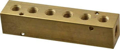Made in USA - 3/8" Inlet, 1/4" Outlet Manifold - 5.63" Long x 1-1/4" Wide x 1-1/4" High, 0.2" Mount Hole, 2 Inlet Ports, 6 Outlet Ports - Apex Tool & Supply