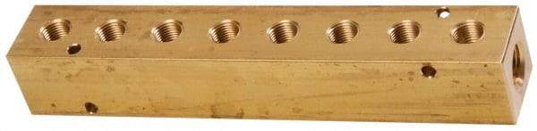 Made in USA - 3/8" Inlet, 1/4" Outlet Manifold - 7.38" Long x 1-1/4" Wide x 1-1/4" High, 0.2" Mount Hole, 2 Inlet Ports, 8 Outlet Ports - Apex Tool & Supply