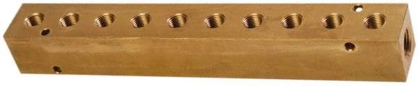 Made in USA - 1/2" Inlet, 3/8" Outlet Manifold - 10-3/4" Long x 1-1/2" Wide x 1-1/2" High, 0.2" Mount Hole, 2 Inlet Ports, 10 Outlet Ports - Apex Tool & Supply