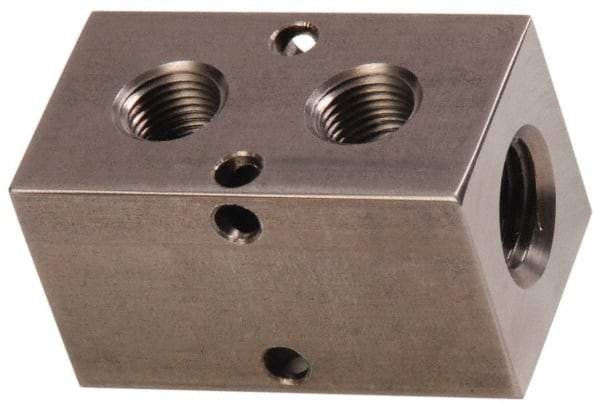Made in USA - 1/2" Inlet, 3/8" Outlet Manifold - 2-3/4" Long x 1-1/2" Wide x 1-1/2" High, 0.2" Mount Hole, 2 Inlet Ports, 2 Outlet Ports - Apex Tool & Supply