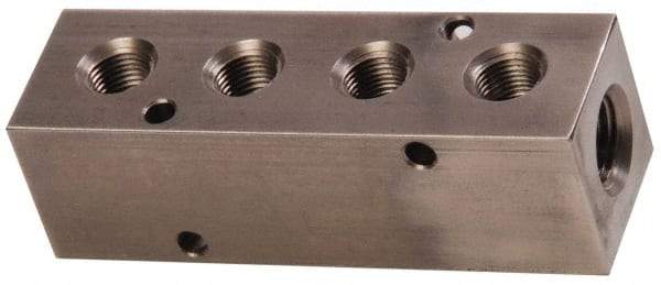Made in USA - 1/4" Inlet, 1/8" Outlet Manifold - 3-1/4" Long x 1" Wide x 1" High, 0.17" Mount Hole, 2 Inlet Ports, 4 Outlet Ports - Apex Tool & Supply