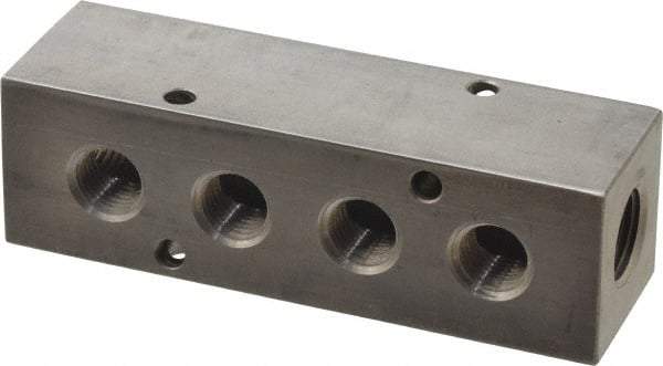 Made in USA - 3/8" Inlet, 1/4" Outlet Manifold - 4.12" Long x 1-1/4" Wide x 1-1/4" High, 0.2" Mount Hole, 2 Inlet Ports, 4 Outlet Ports - Apex Tool & Supply