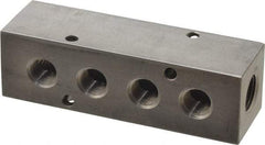 Made in USA - 3/8" Inlet, 1/4" Outlet Manifold - 4.12" Long x 1-1/4" Wide x 1-1/4" High, 0.2" Mount Hole, 2 Inlet Ports, 4 Outlet Ports - Apex Tool & Supply