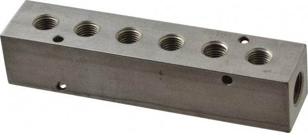 Made in USA - 3/8" Inlet, 1/4" Outlet Manifold - 5.88" Long x 1-1/4" Wide x 1-1/4" High, 0.2" Mount Hole, 2 Inlet Ports, 6 Outlet Ports - Apex Tool & Supply
