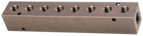 Made in USA - 1/2" Inlet, 3/8" Outlet Manifold - 8-3/4" Long x 1-1/2" Wide x 1-1/2" High, 0.2" Mount Hole, 2 Inlet Ports, 8 Outlet Ports - Apex Tool & Supply