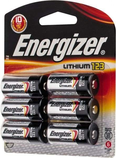 Energizer - Size 123, Lithium, 6 Pack, Photo Battery - 3 Volts, Flat Terminal, CR17345, ANSI, IEC Regulated - Apex Tool & Supply