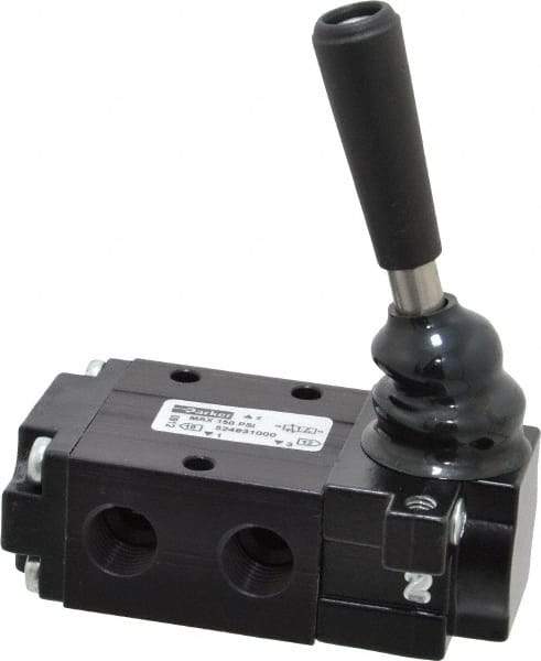 Parker - 0.83 CV Rate, 1/4" NPT Inlet Direct Air 4 Mechanical Spool Valve - 3 Way, 2 Position NC, 150 Max psi, Lever Manual Return - Apex Tool & Supply
