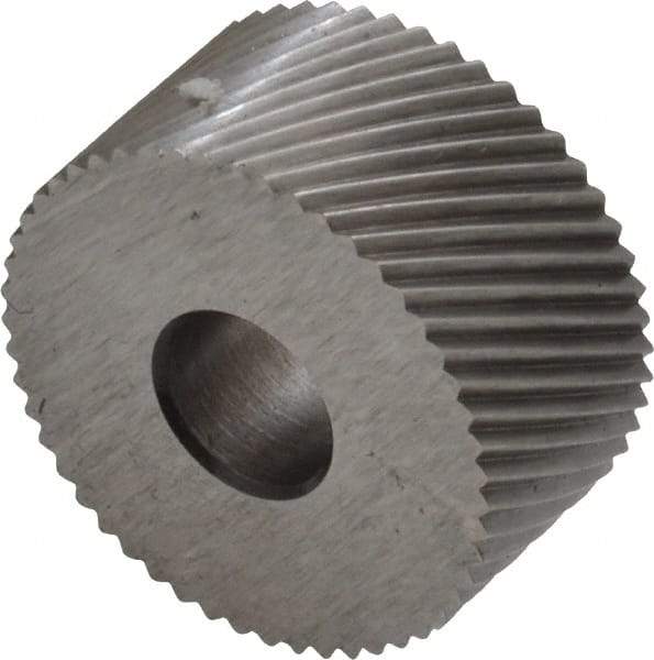 Made in USA - 3/4" Diam, 90° Tooth Angle, 25 TPI, Standard (Shape), Form Type Cobalt Right-Hand Diagonal Knurl Wheel - 3/8" Face Width, 1/4" Hole, Circular Pitch, 30° Helix, Bright Finish, Series KP - Exact Industrial Supply