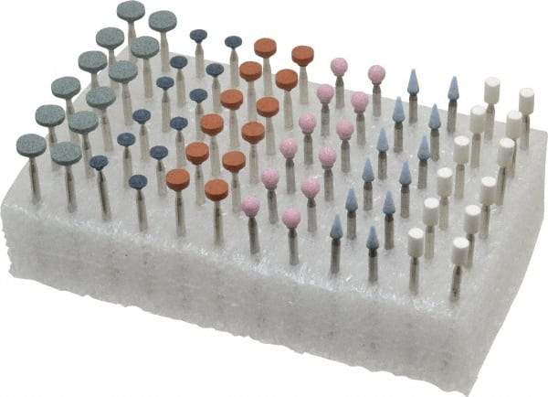 Grier Abrasives - 72 Piece Aluminum Oxide Vitrified Mounted Stone Abrasive Point Set - Fine Grade, 3/32" Diam x 1-1/2" Long Shank - Apex Tool & Supply