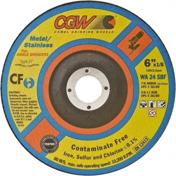 Camel Grinding Wheels - 24 Grit, 5" Wheel Diam, 1/8" Wheel Thickness, Type 27 Depressed Center Wheel - Coarse Grade, Aluminum Oxide, Resinoid Bond, 12,250 Max RPM - Apex Tool & Supply