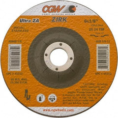 Camel Grinding Wheels - 24 Grit, 9" Wheel Diam, 1/8" Wheel Thickness, 7/8" Arbor Hole, Type 27 Depressed Center Wheel - Coarse Grade, Zirconia Alumina, Resinoid Bond, 6,650 Max RPM - Apex Tool & Supply