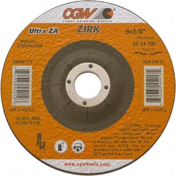Camel Grinding Wheels - 24 Grit, 6" Wheel Diam, 1/8" Wheel Thickness, Type 27 Depressed Center Wheel - Coarse Grade, Zirconia Alumina, Resinoid Bond, 10,200 Max RPM - Apex Tool & Supply