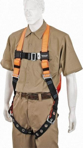 Miller - 400 Lb Capacity, Size Universal, Full Body Construction Safety Harness - Polyester, Tongue Leg Strap, Mating Chest Strap, Orange/Black - Apex Tool & Supply