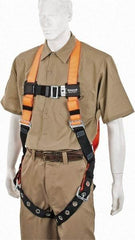 Miller - 400 Lb Capacity, Size Universal, Full Body Construction Safety Harness - Polyester, Tongue Leg Strap, Mating Chest Strap, Orange/Black - Apex Tool & Supply