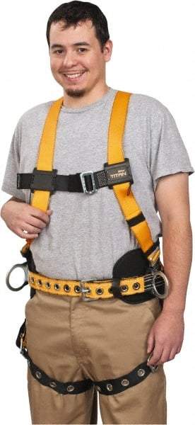 Miller - 400 Lb Capacity, Size Universal, Full Body Construction Safety Harness - Polyester, Side D-Ring, Tongue Leg Strap, Mating Chest Strap, Yellow/Black - Apex Tool & Supply