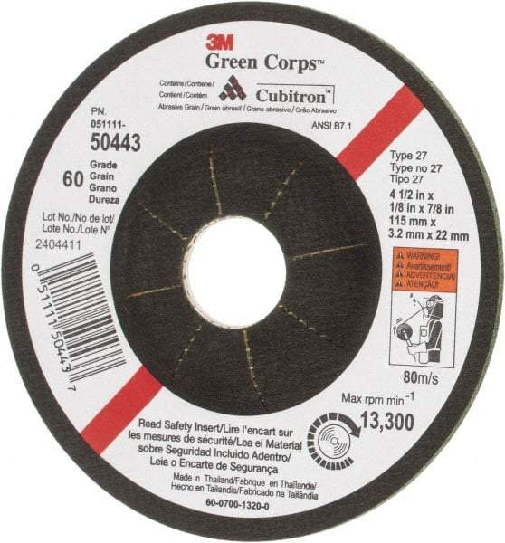 3M - 60 Grit, 4-1/2" Wheel Diam, 1/8" Wheel Thickness, 7/8" Arbor Hole, Type 27 Depressed Center Wheel - Ceramic, 13,300 Max RPM - Apex Tool & Supply