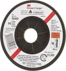 3M - 60 Grit, 4-1/2" Wheel Diam, 1/8" Wheel Thickness, 7/8" Arbor Hole, Type 27 Depressed Center Wheel - Ceramic, 13,300 Max RPM - Apex Tool & Supply