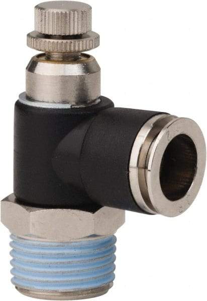 PRO-SOURCE - 1/2" NPT x 1/2" Tube OD Right Angle Flow Control Valve - 0 to 113.76 psi & Techno Polymer, Brass, Steel Material - Apex Tool & Supply