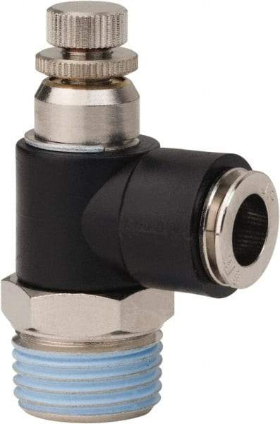 PRO-SOURCE - 1/2" NPT x 3/8" Tube OD Right Angle Flow Control Valve - 0 to 113.76 psi & Techno Polymer, Brass, Steel Material - Apex Tool & Supply